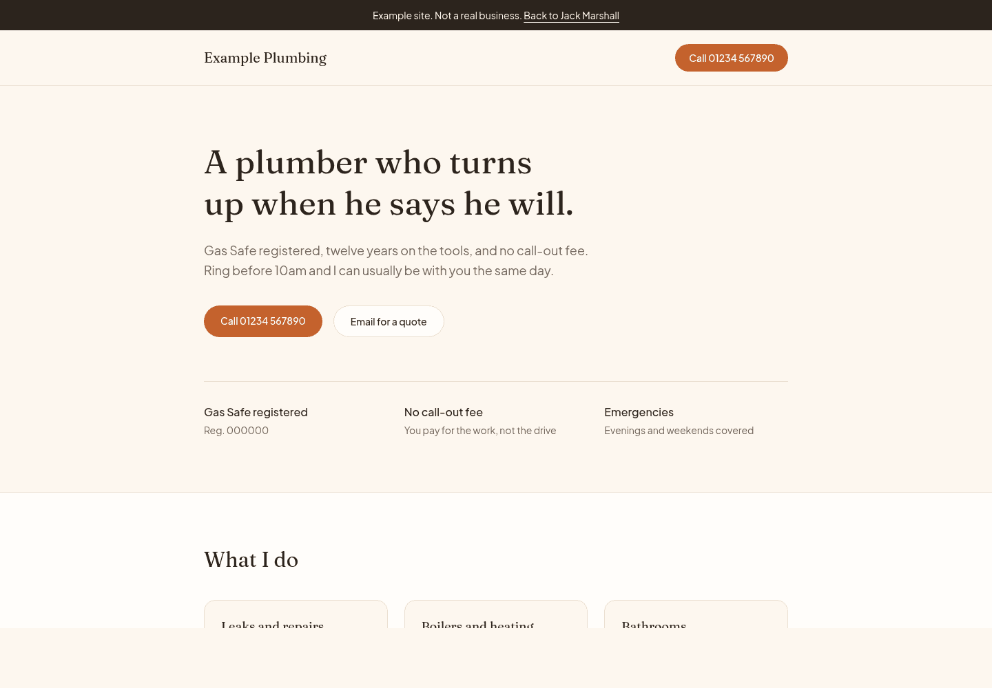 Screenshot of the Example Plumbing website